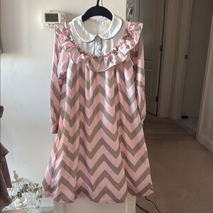 Girls' Pink Chevron Ruffle Collar Casual Dress